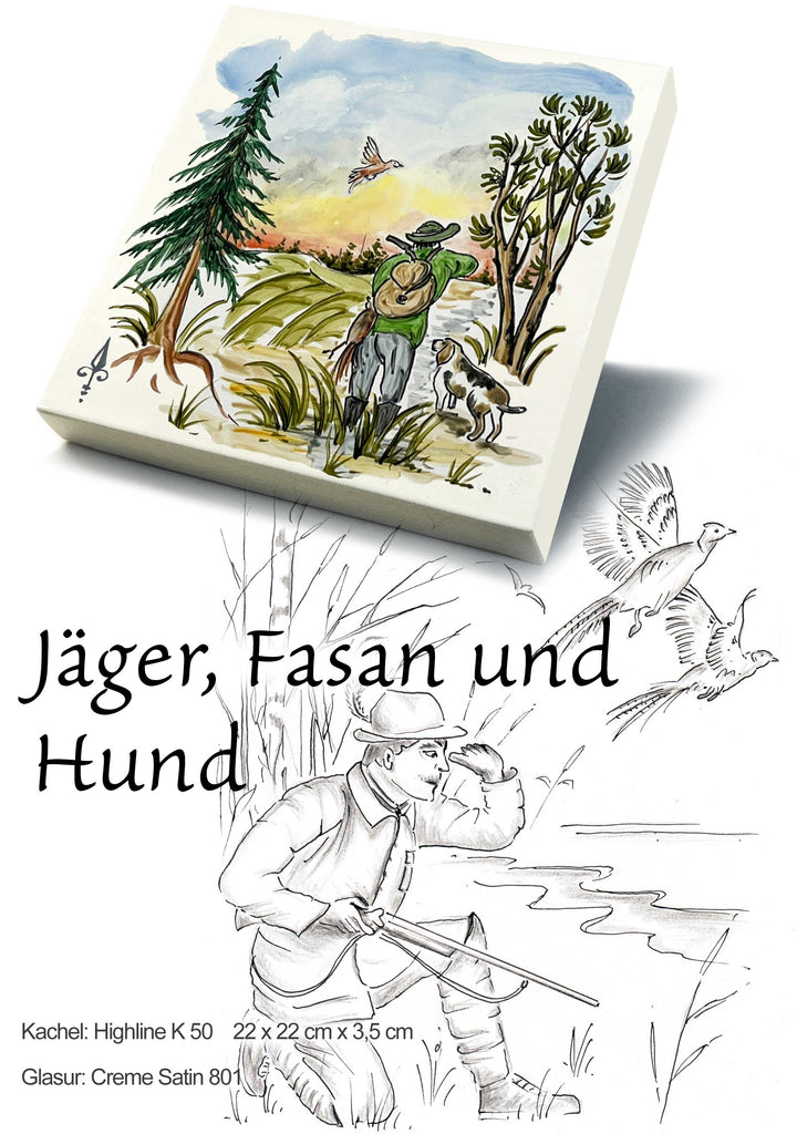 Ofenkacheln Jagd "Jäger, Fasan und Hund"