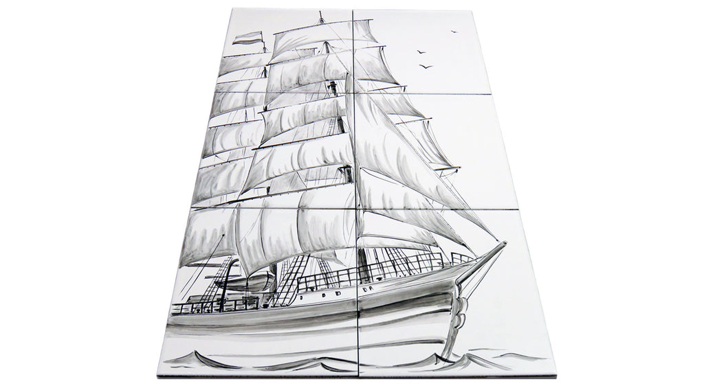 Fliesentableau "Segelschiff" - Schwarz-Weiß-Art