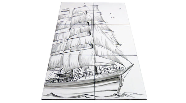 Fliesentableau "Segelschiff" - Schwarz-Weiß-Art